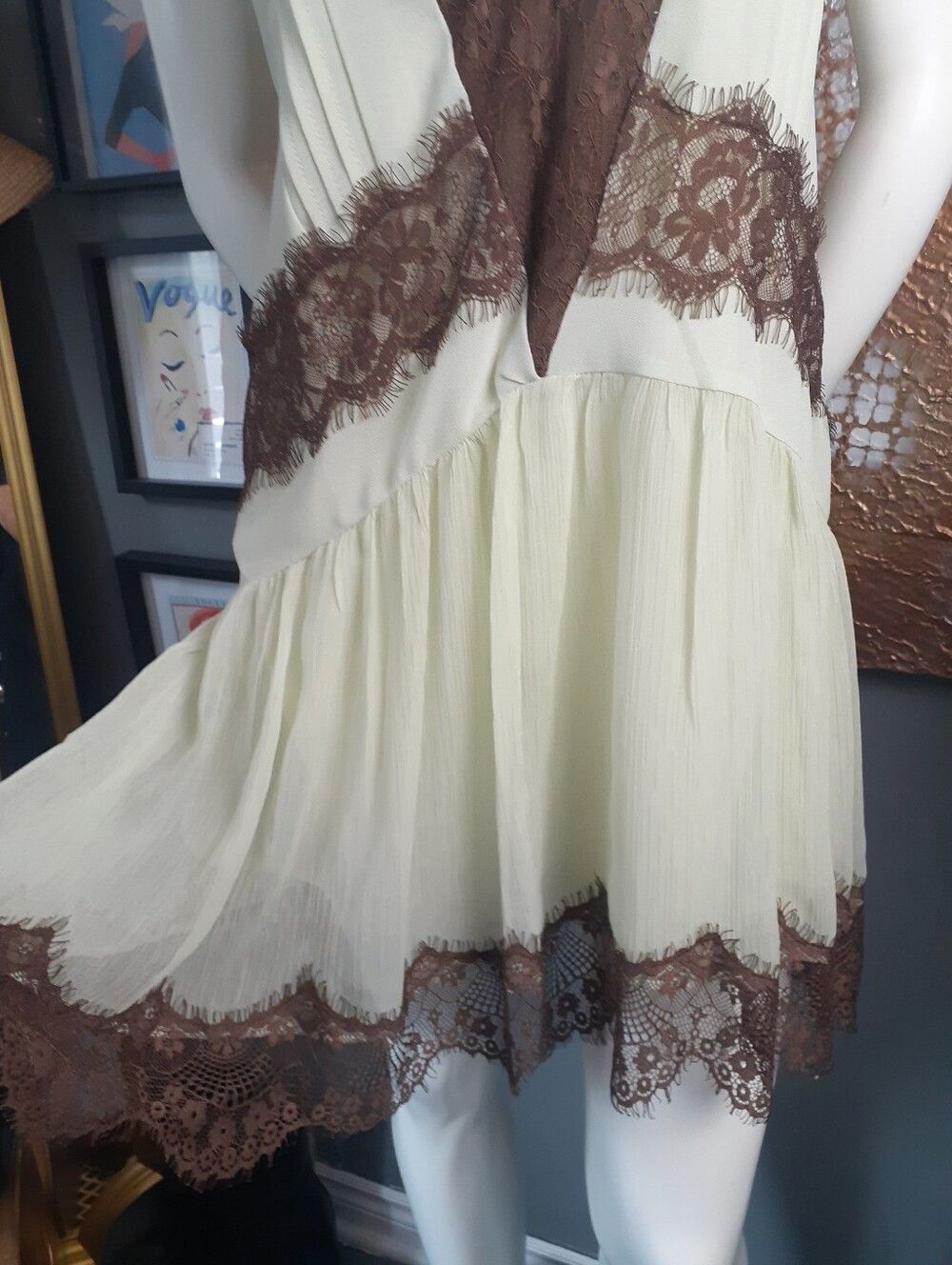 Zara Nwt Lace-Trim Chiffon Slip Dress in Pale Green and Chocolate Brown - Picture 10 of 16